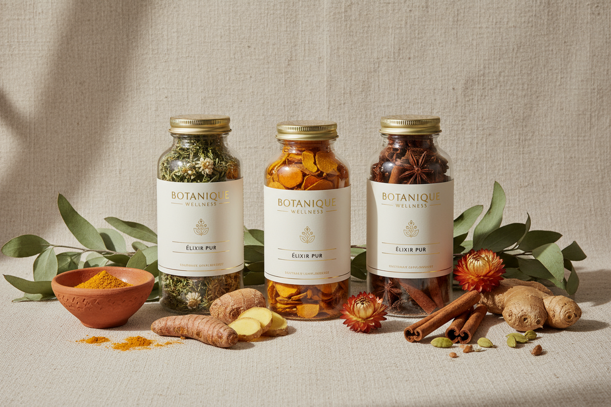 alors on voudrait une variante , donc en vue de face de piluliers de compléments alimentaires avec plantes et épices à l'intérieur